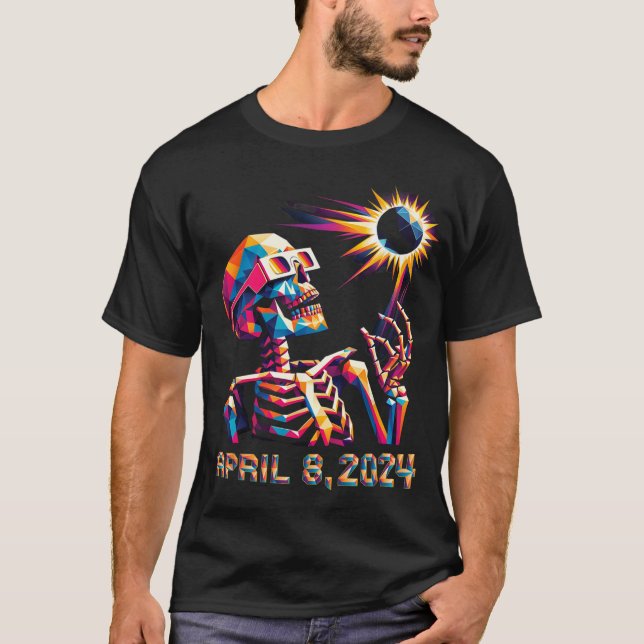 Lågpoly totalt Eclipse 8 april 2024 Skeleton T Shirt (Framsida)