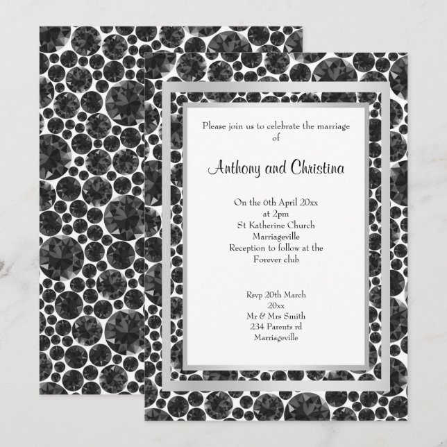 LAGRAR DIAMOND BLACK SILVER ELEGANT BRÖLLOP INBJUDNINGAR (Fram/baksida)