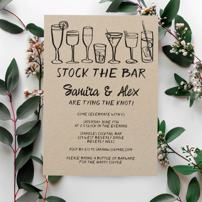 Lagrar Förlovningen Pub Whimsical Cocktail Drinks Inbjudningar (Stock the Bar Whimsical Cocktail Drinks Engagement Invitation Kraft Rustic Sketch Couples SHower
)