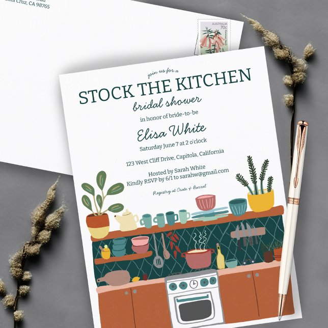 LAGRAR KITCHEN Möhippa Cute ANPASSNINGSBAR Inbjudan Vykort (STOCK THE KITCHEN Bridal Shower Cute CUSTOM Invitation Postcard
)
