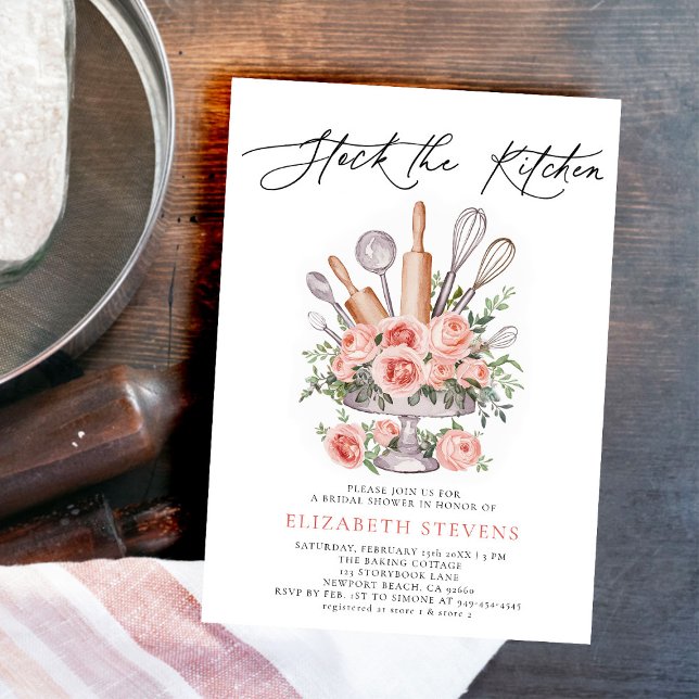 Lagrar Kökskokning Baking Ro Möhippa Inbjudningar (stock the kitchen baking cooking bridal shower invitation tools bouquet roses watercolor pink)