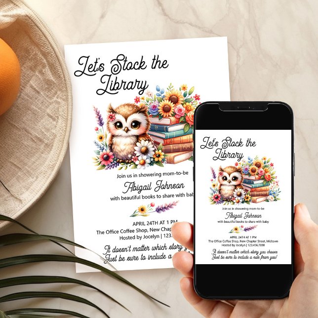 Lagrar vid Bibliotek babydisken Wise Uggla Blommig Inbjudningar (Stock the Library Baby Shower invitation for book lovers, office baby showers, baby sprinkles ..)