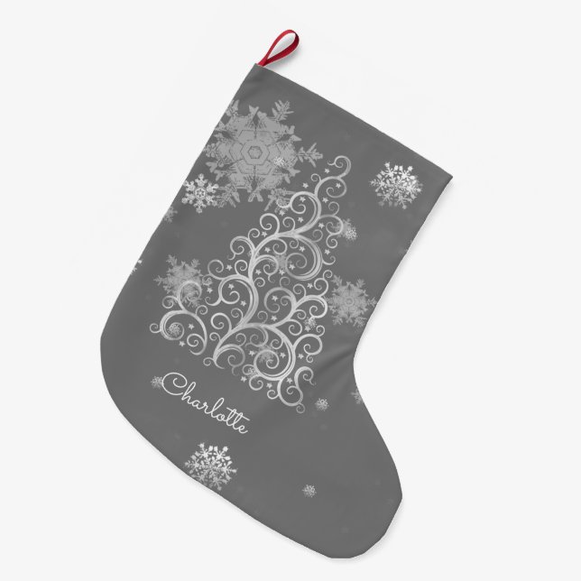 Lagring i silver Julgran och Snöflingor Stor Julstrumpa (Framsidan (Hängande))