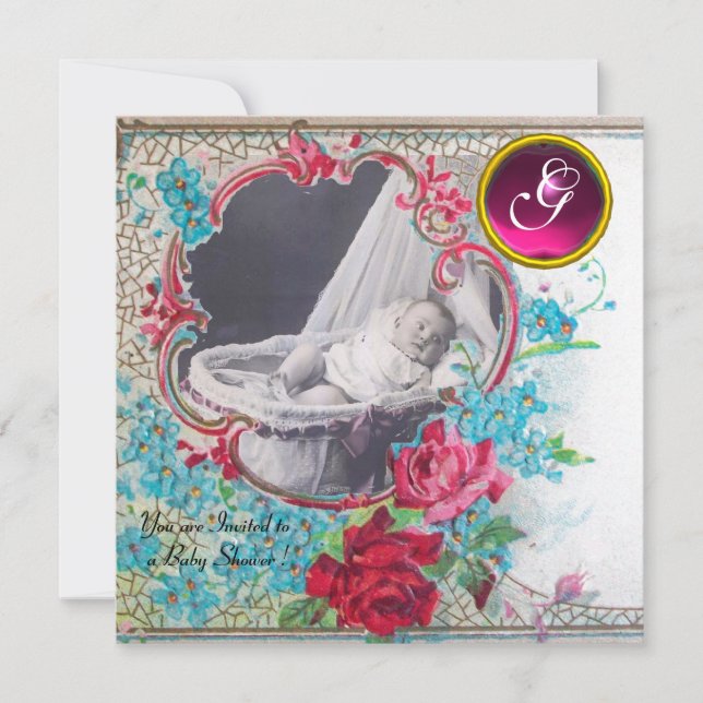 LAGRINGSFÄLT BABY SHOWER MONOGRAM FOTOMALL,vitt Inbjudningar (Framsida)