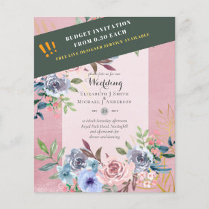 LÄGSTA BUDGET Rosa Blå Blommor Bröllopsinbjudan Flygblad