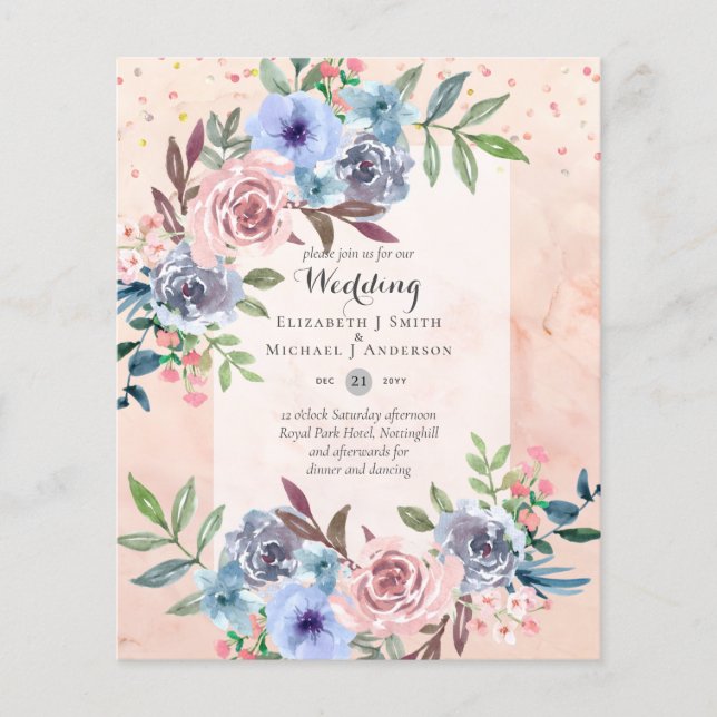 LÄGSTA BUDGET Rosa Blå Blommor Bröllopsinbjudan Flygblad (Framsidan)
