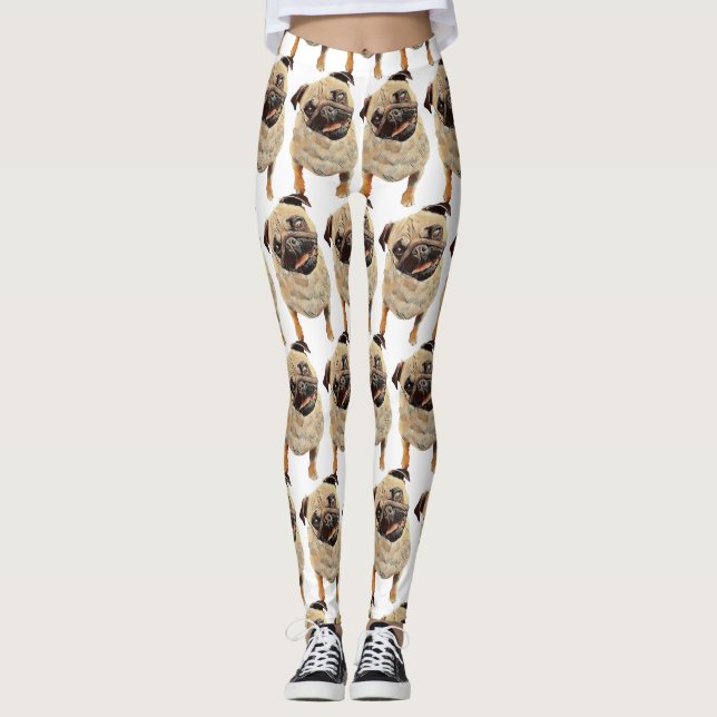 Lagstiftning för Pastel Drawn Pug Hund Leggings (Framsida)