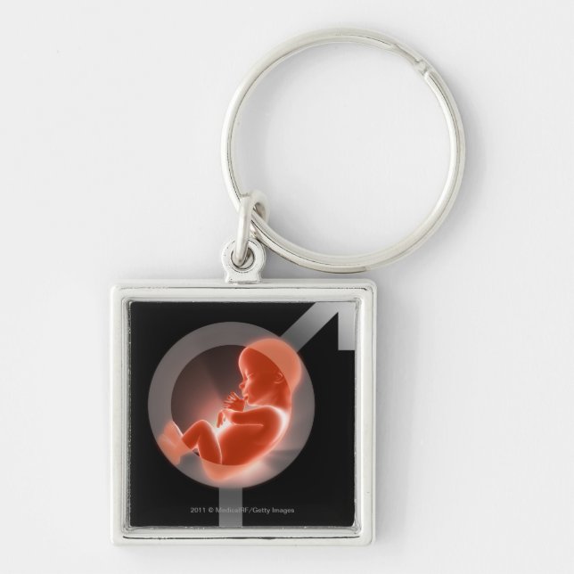 Lagt över foster över male och kvinnliga symboler fyrkantig silverfärgad nyckelring (Framsidan)