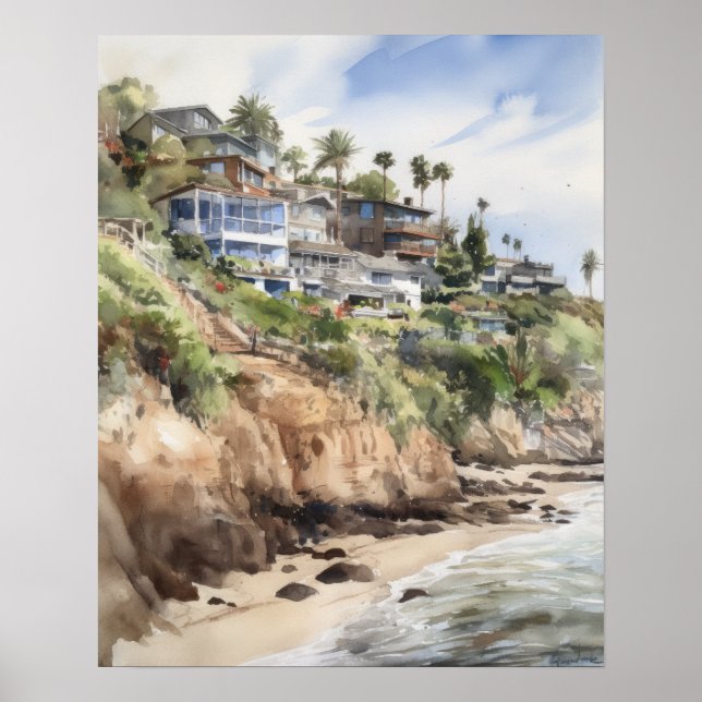 Laguna Beach Watercolor Art Print Poster (Framsidan)