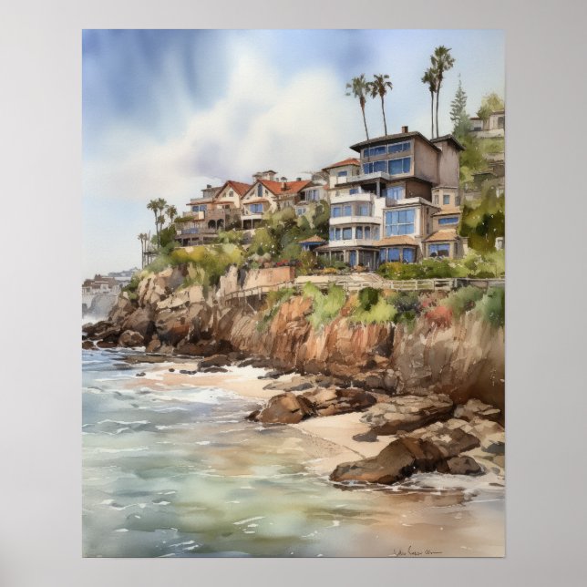 Laguna Beach Watercolor Art Print Poster (Framsidan)