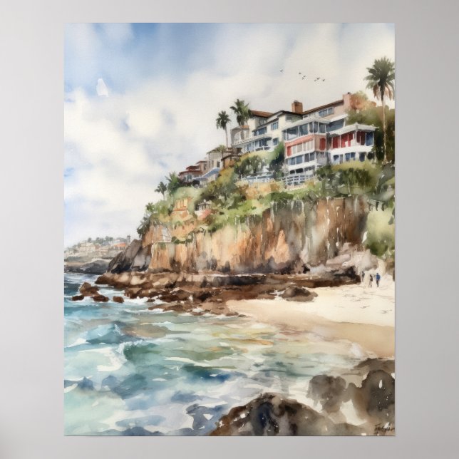 Laguna Beach Watercolor Art Print Poster (Framsidan)