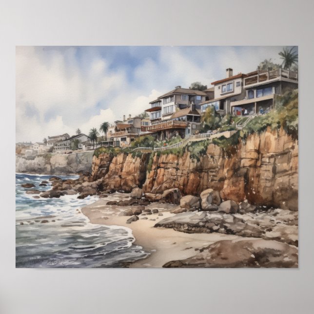 Laguna Beach Watercolor Art Print Poster (Framsidan)