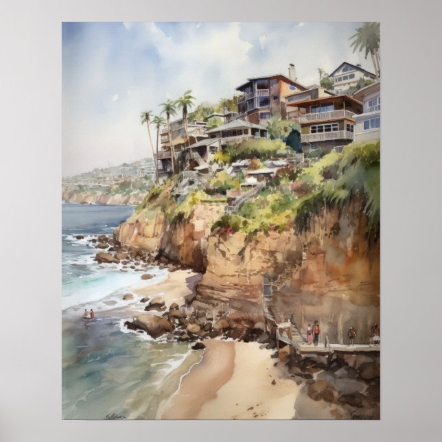 Laguna Beach Watercolor Art Print Poster (Framsidan)