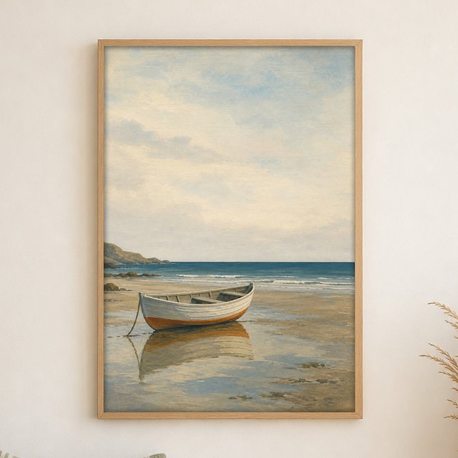 Lågvatten roddbåt akvarell kustkonstaffisch poster (Shown framed for scale. Poster ships unframed; frames are an optional add-on.)