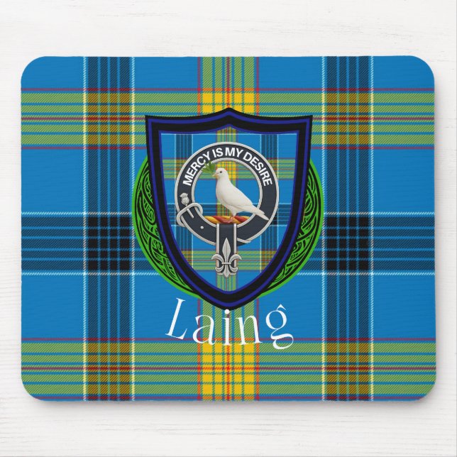 Laing Scottish Clan Tartan & Crest Musmatta (Framsidan)