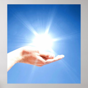 Läka händer på blåttbakgrund, reiki, chakra poster
