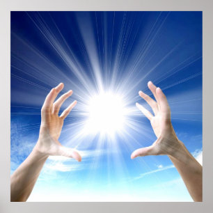 Läka händer på blåttbakgrund, reiki, chakra poster