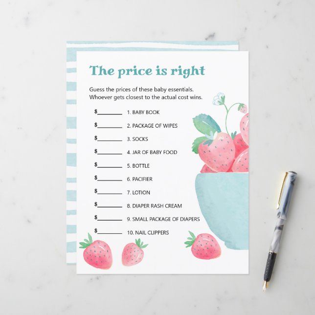 Lakan av babyduschspel, söta jordgubbar. (Fram/Back In Situ)