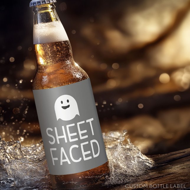 Lakan Faced Funny Halloween Party med Cute Ghost Ölflaska Etikett (Custom Beer Bottle Label)