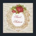 Lakan för musik för ram för 16 röd ros för vintage inbjudningar<br><div class="desc">Dubbla för lakan för musik för ramen för vintagesweet sixteen/16 röd ros sid beställnings- inbjudanmallar för personligen för kvinna födelsedagsfester. Den härliga röd ros blommar blom, och en finare, en utsmyckad, för vintage guld- ram med lockiga löv och krusidullar på en antik musikal/musik noter skyler över brister bakgrund. Dessa som...</div>