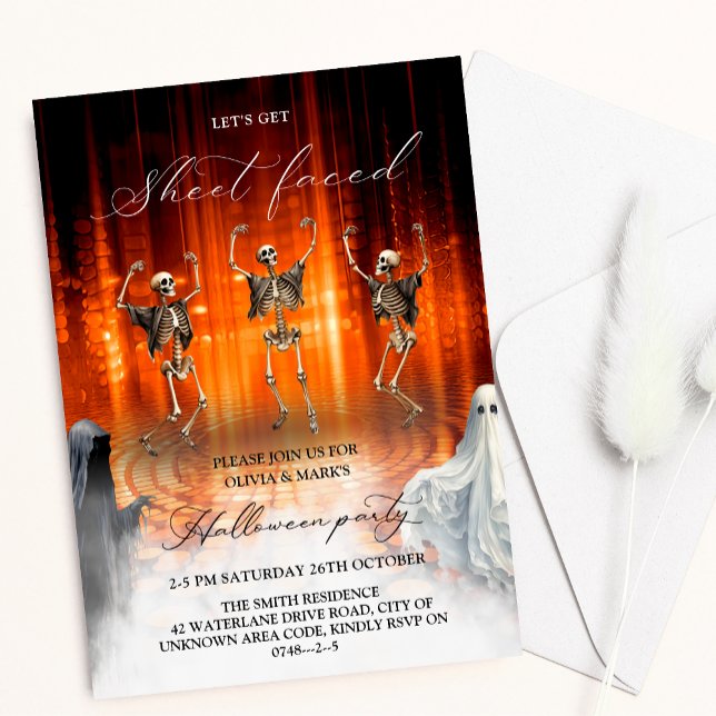 Lakan hostad Skelton Ghost Vuxen Halloween fest Inbjudningar (Skapare uppladdad)