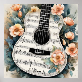 Lakan Music Acoustic Guitar in Peach Flowers Poster
