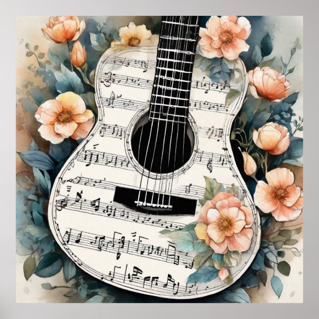 Lakan Music Acoustic Guitar in Peach Flowers Poster (Framsidan)