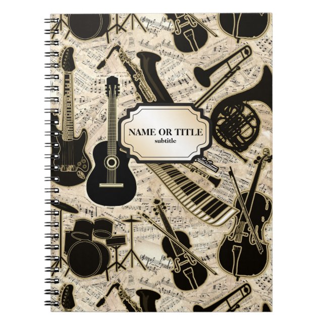 Lakan Music and Instruments Black/Guld ID481 Anteckningsbok Med Spiral (Framsidan)