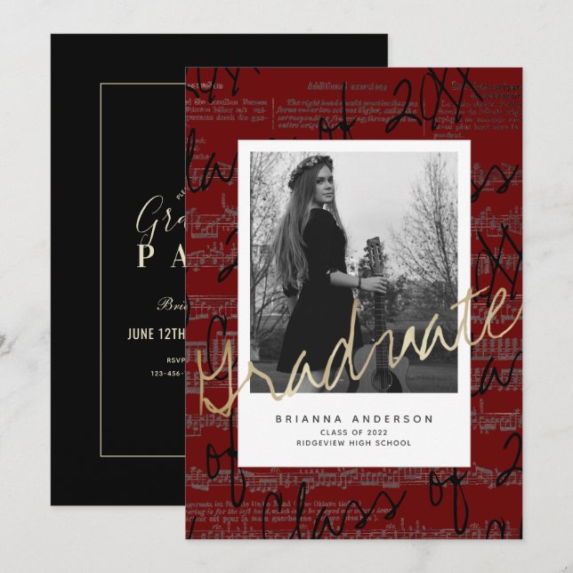 Lakan Music Burgundy Photo Virtuellare Studenten Inbjudningar (Fram/baksida)