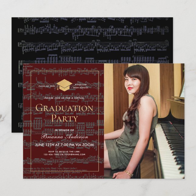 Lakan Music Burgundy Photo Virtuellare Studenten Inbjudningar (Fram/baksida)