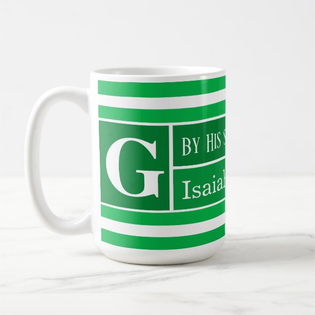 Läkande bibelvers grönrandig initial kaffemugg (Vänster)