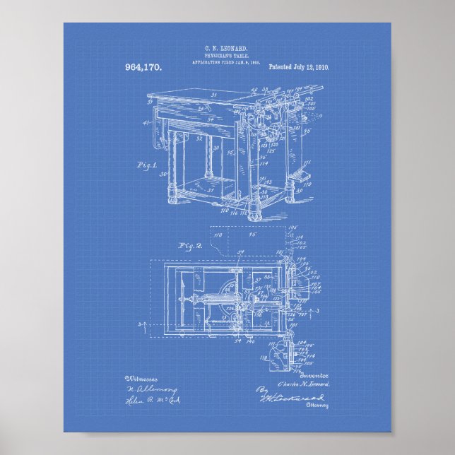 Läkare Bord 1910 Patent Art Blueprint Poster (Framsidan)