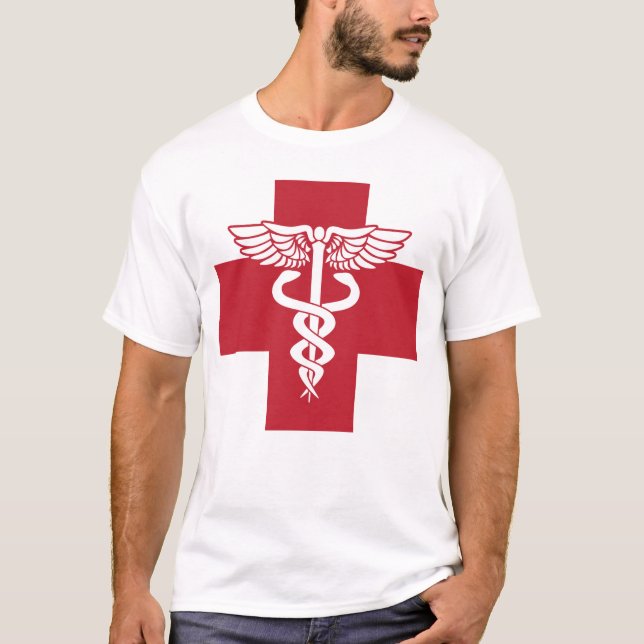 Läkarvård Röd Kor med Caduceus-symbol T Shirt (Framsida)