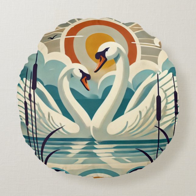 Lake Balaton  with swans  - retro style     Rund Kudde (Framsidan)