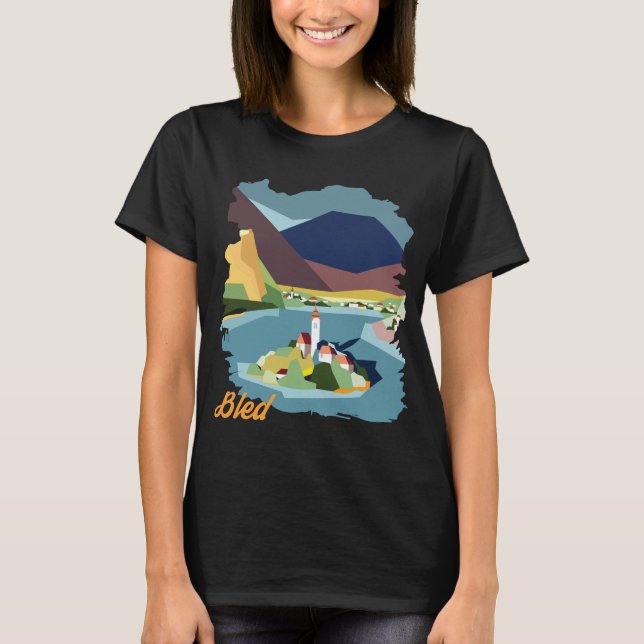 Lake Bled Ö Island Berg Retro Resa T Shirt (Framsida)