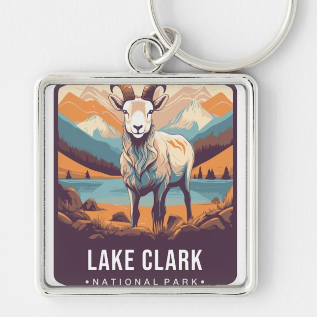 LAKE CLARK NATIONAL PARK FYRKANTIG SILVERFÄRGAD NYCKELRING (Framsidan)
