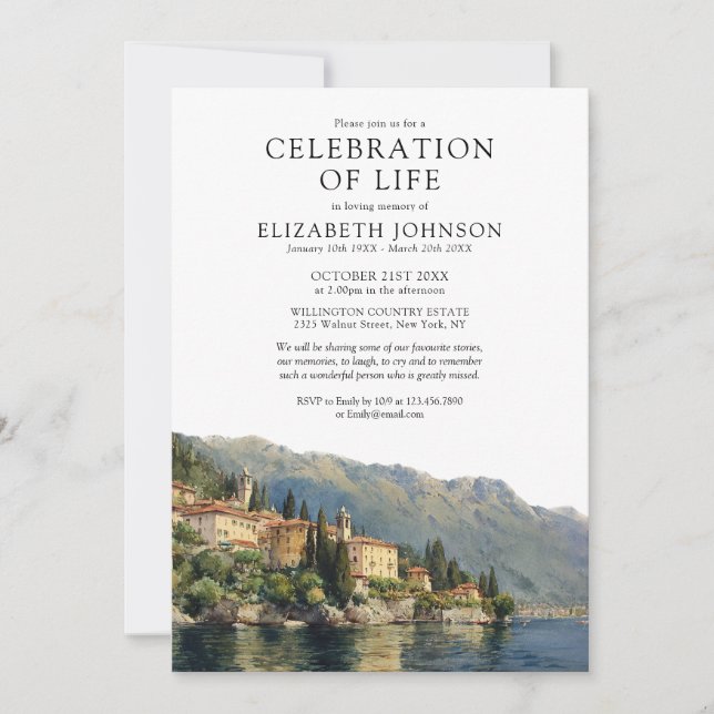 Lake Como Celebration Of Life Begravning Minnesstu Inbjudningar (Framsida)