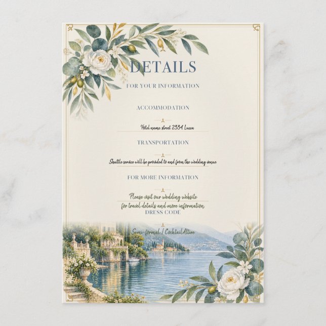 Lake Como | Eleganta Blå & Guld Bröllopsdetaljer Tilläggskort (Framsida)