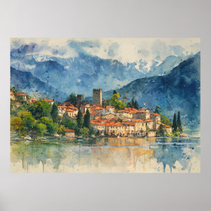 Lake Como Italien - Vattenfärgssplatter-målning Poster