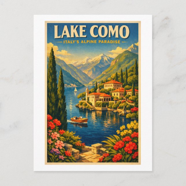 Lake Como, Italy, in a classic retro travel Vykort (Framsida)