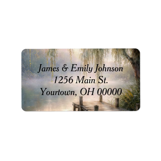 Lake Dock with Willow Tree in Mist Adressetikett (Framsidan)