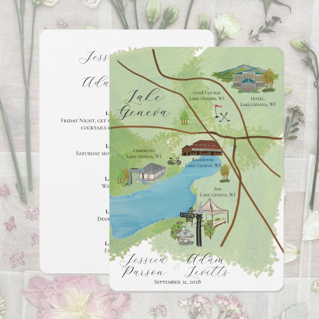 Lake Geneva Bröllopshelgkarta Detaljerad Kort (Illustrated wedding map of the Lake Geneva area)