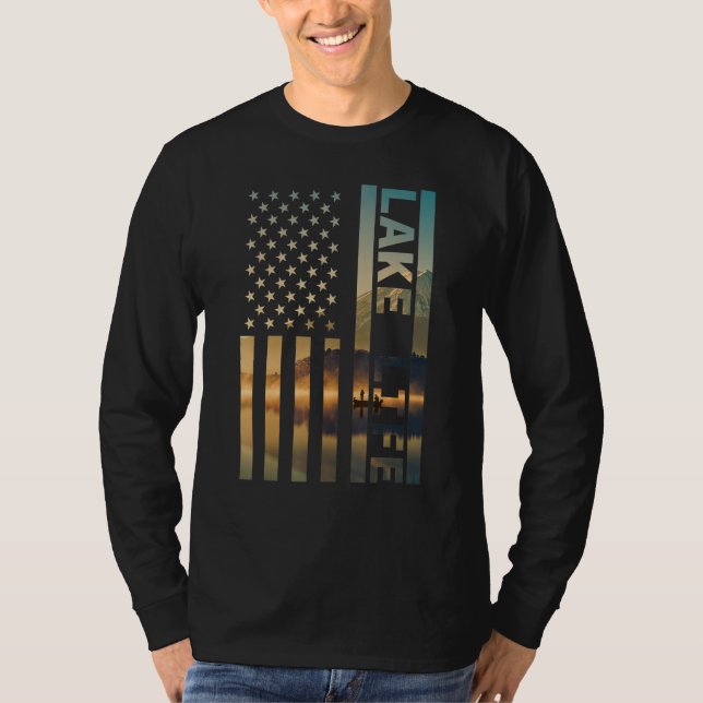 Lake Life American Flag Dock Sunset Wakeboarder Po T Shirt (Framsida)