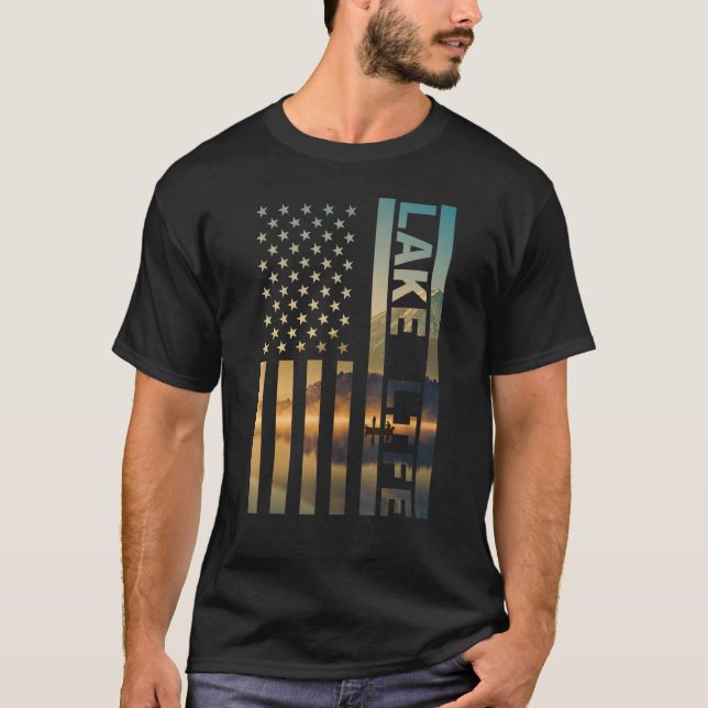 Lake Life American Flag Dock Sunset Wakeboarder Po T Shirt (Framsida)