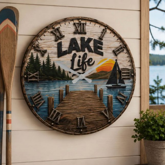 Lake Life Rustic Dock Lake House & Cabin Sunset Stor Klocka (Skapare uppladdad)