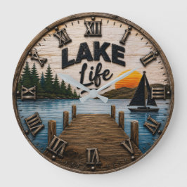 Lake Life Rustic Dock Lake House & Cabin Sunset Stor Klocka