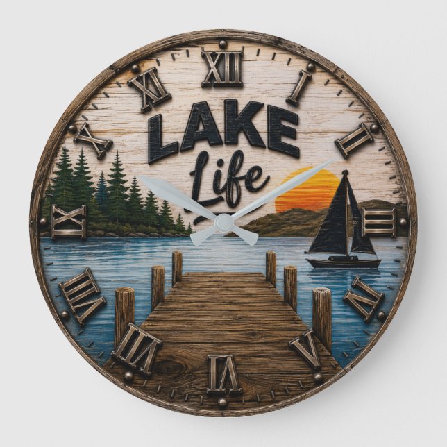 Lake Life Rustic Dock Lake House & Cabin Sunset Stor Klocka (Framsida)