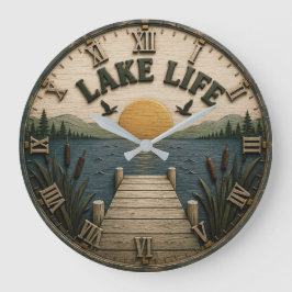 Lake Life Sunset Dock Rustic Lake House Stor Klocka