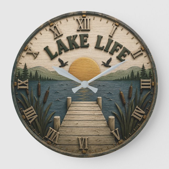 Lake Life Sunset Dock Rustic Lake House Stor Klocka (Framsida)