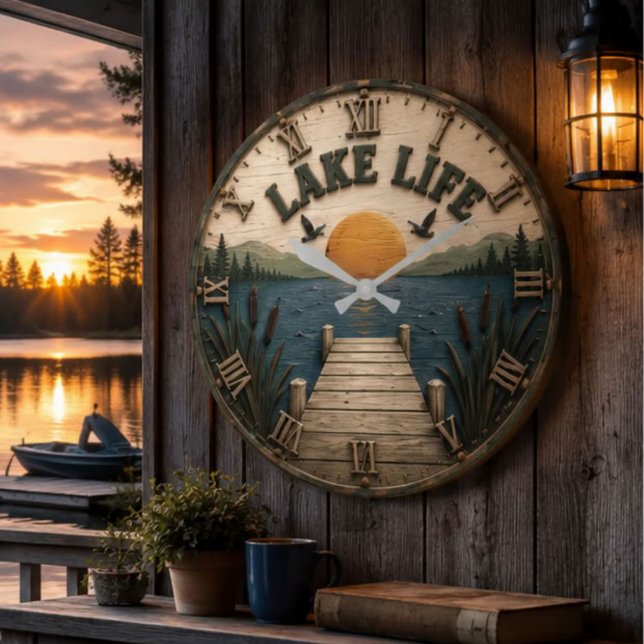 Lake Life Sunset Dock Rustic Lake House Stor Klocka (Skapare uppladdad)